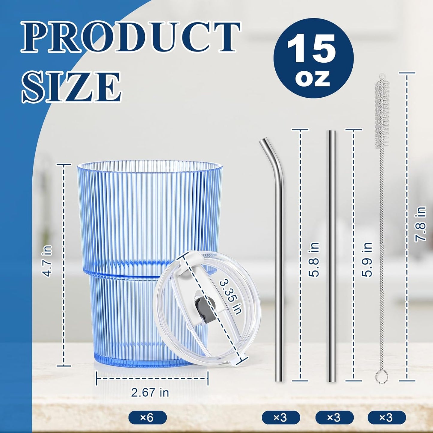 4 Pcs 20oz Plastic Ribbed Tumblers with Lid and Straws Blue Plastic Reusable Iced Coffee Cups with Lid Unbreakable Vintage Ribbed Drinking Glasses Tumbler for Juice Smoothie Beverage with Clean Brush