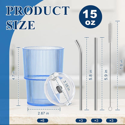 4 Pcs 20oz Plastic Ribbed Tumblers with Lid and Straws Blue Plastic Reusable Iced Coffee Cups with Lid Unbreakable Vintage Ribbed Drinking Glasses Tumbler for Juice Smoothie Beverage with Clean Brush