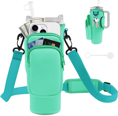JEBEALUO Water Bottle Carrier Bag with Phone Pocket for Stanley Cup 40/30 oz, Water Bottle Holder with Adjustable Strap& Straw Cover, Stanley Cup Accessories