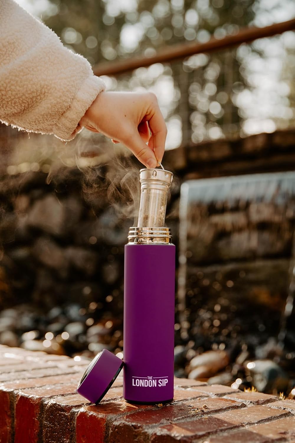 The London Sip Multi-Purpose Travel Mug and Tumbler Fruit Infused Flask Hot and Cold Double Wall Stainless Steel Thermos with Extra-Long Infuser, Purple