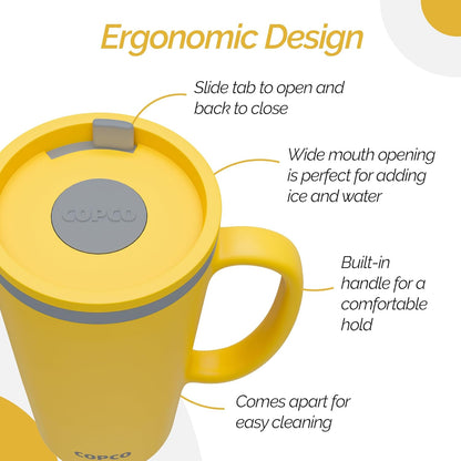 Copco Cone Desk Mug, 16 oz (Set of 4) - Double Wall Insulated Mugs with Handle, Reusable Plastic Tumblers with Twist-Off Spill Resistant Lid, BPA-Free, Microwave & Dishwasher Safe (Assorted Colors)