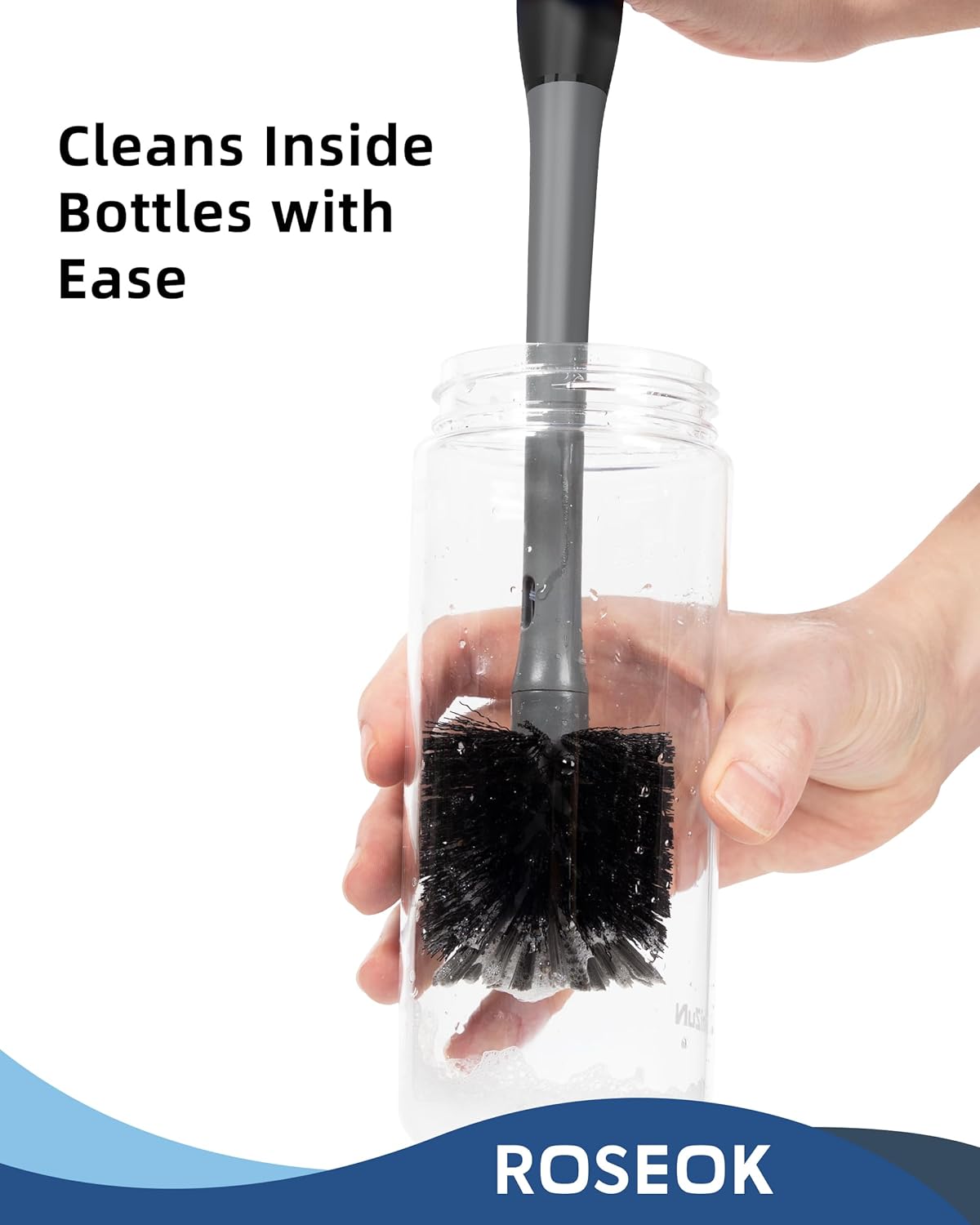 ROSEOK 2 in 1 Long Handle Bottle Brush with Straw Brush for Cleaning Glass, Sports Bottle, Coffee Mug,Navy Blue,1 Pack
