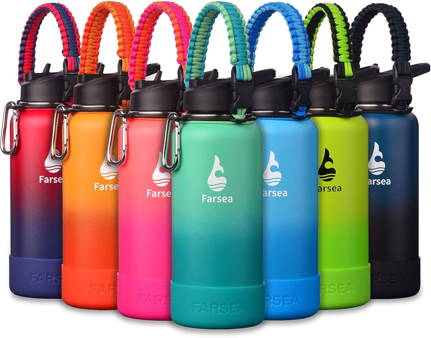 Farsea Insulated Water Bottle With Paracord Handle, Protective Silicone Boot and 2 Lids (Straw Lid & Spout Lid), Stainless Steel Water Bottle Wide Mouth, Double Wall Sweat-Proof BPA-Free, 24 oz
