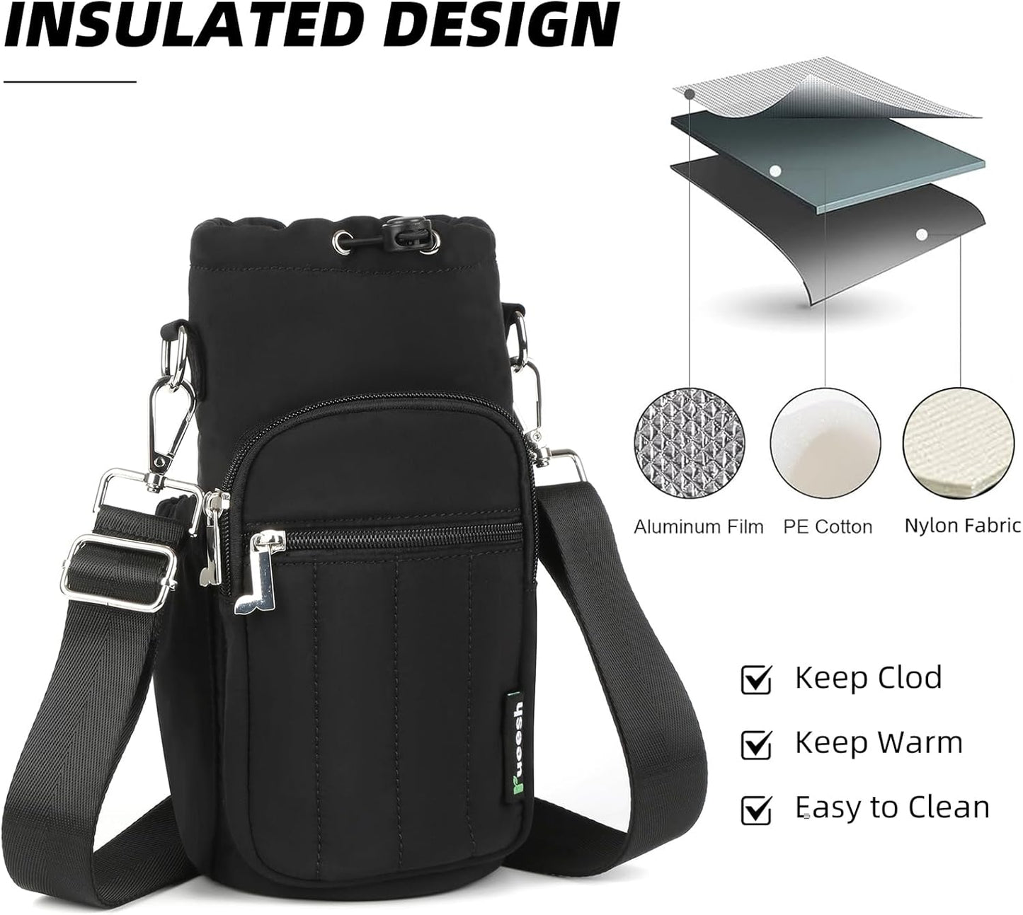 Rueesh Water Bottle Holder Bag with Adjustable Strap, Insulated Bottle Carrier Bag RFID Crossbody Sling Bag for Gym Walking