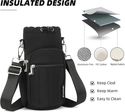 Rueesh Water Bottle Holder Bag with Adjustable Strap, Insulated Bottle Carrier Bag RFID Crossbody Sling Bag for Gym Walking