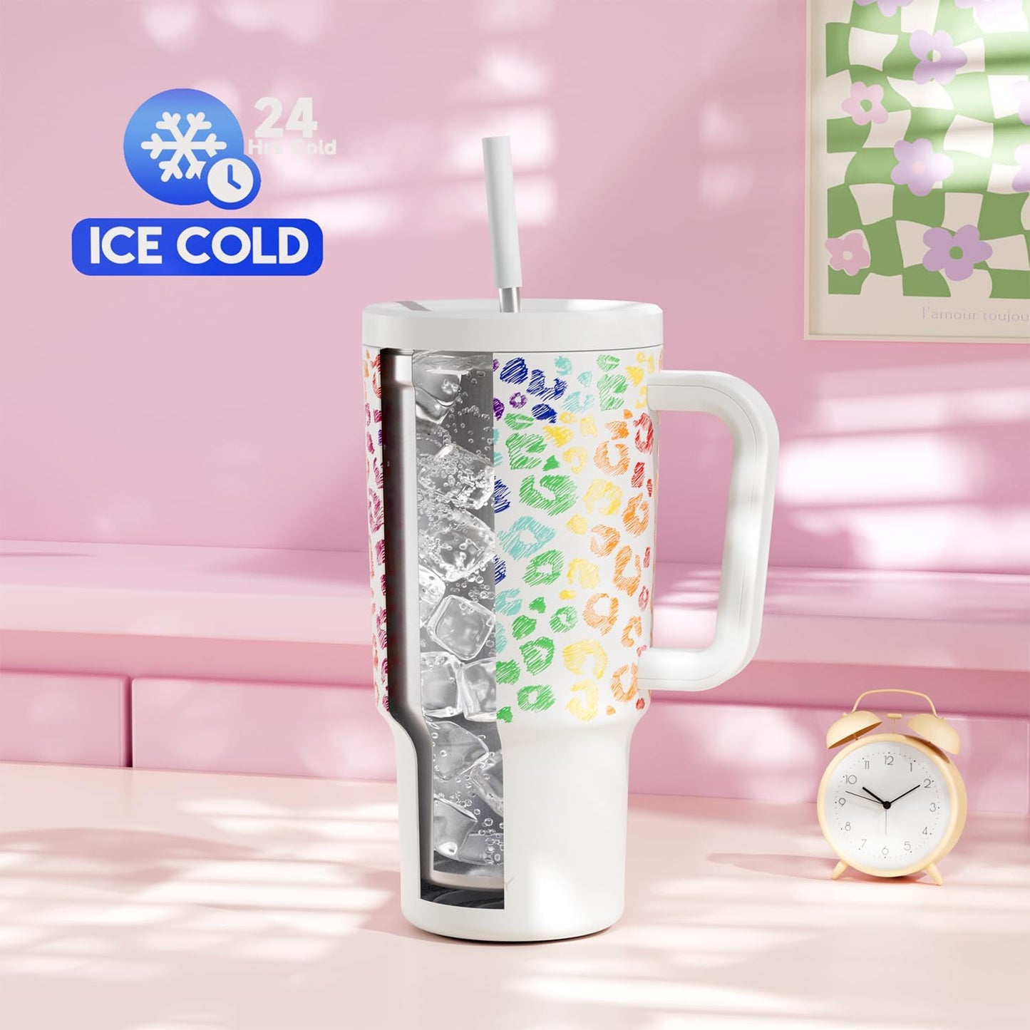 Meoky 40 oz Tumbler with Handle and Straw: Stainless Steel Insulated Tumbler with Lid and Straw - 100% Leak Proof Tumbler for Car Cup Holders - Travelers Commuters Workers, Donut