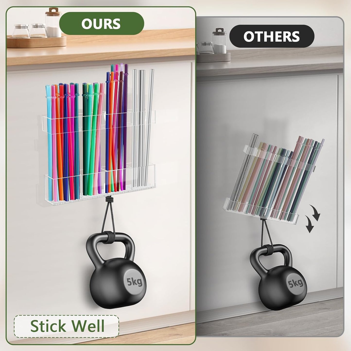 Malldii 9.5" Large Acrylic Straw Holder for Cabinet Door - Reusable Tumbler Straw Organizer Storage, Small Kitchen Accessories Container, Ultra Sticky Cupboard Door Mounted (Transparent)