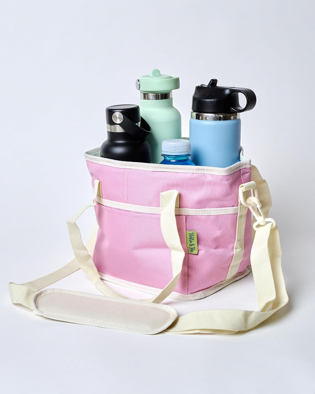 NoNa & Bee 4 Water Bottle Holder with Strap | Family Size 4 Compartment Drink Bag, Multiple Tumbler Carrier Caddy | Adjustable Fits Large & Small Drinks | Hands Free, Won't Tip Over in Car