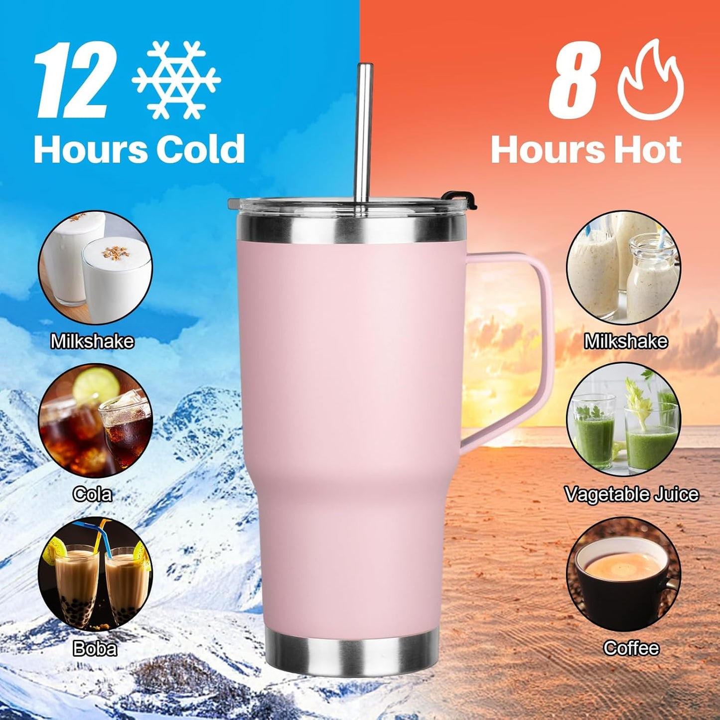 20 oz Tumbler with Handle, Stainless Steel Insulated Tumbler with Lid and Straw, Double Wall Vacuum Coffee Mug Tumbler, Insulated Coffee Thermal Cup for Cold and Hot (Light Purple)