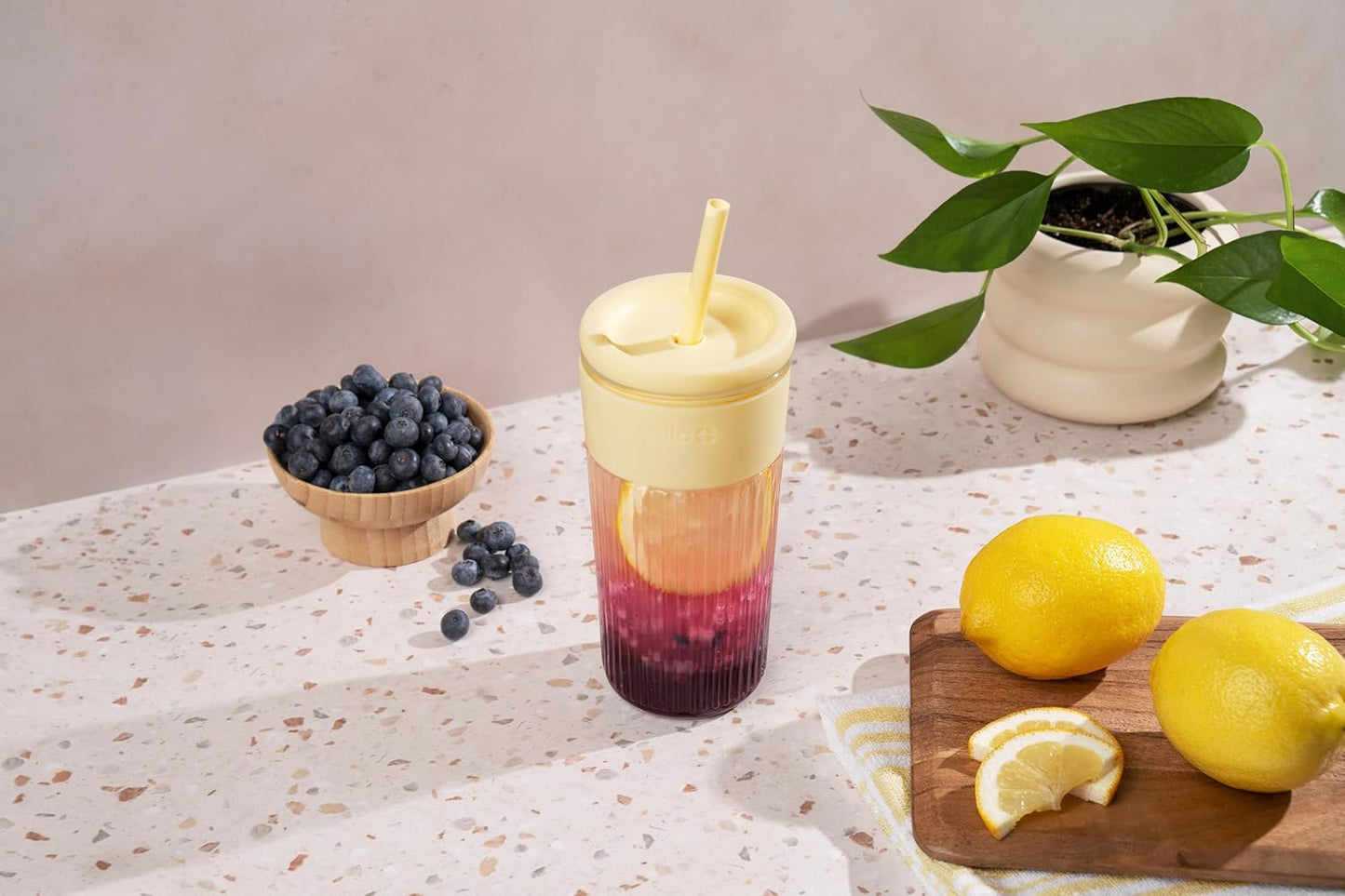 Ello Devon Glass Tumbler , Protective No Sweat Silicone Sleeve and Splash Proof Wooden Detail Lid with Straw, 18 oz