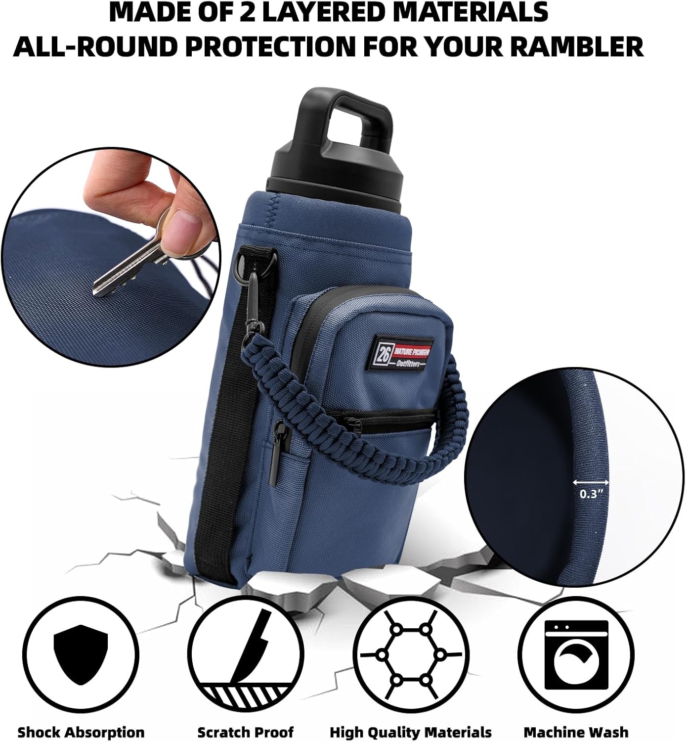 NATURE PIONEOR Water Bottle Holder with Adjustable Strap - 26/32/36/40/46/64oz Insulated Water Bottle Sling Carrier with Paracord Handle & 2 Pockets, Outdoor Sports, Hiking, Camping, Gym