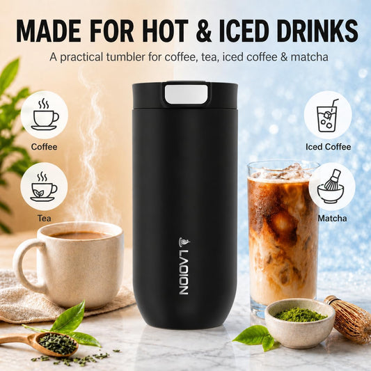 LAOION 17 oz Insulated Coffee Tumbler, Stainless Steel Travel Coffee Mug with Slider Lid, Reusable Iced Coffee Cup for Office, Car, Commute, Gray