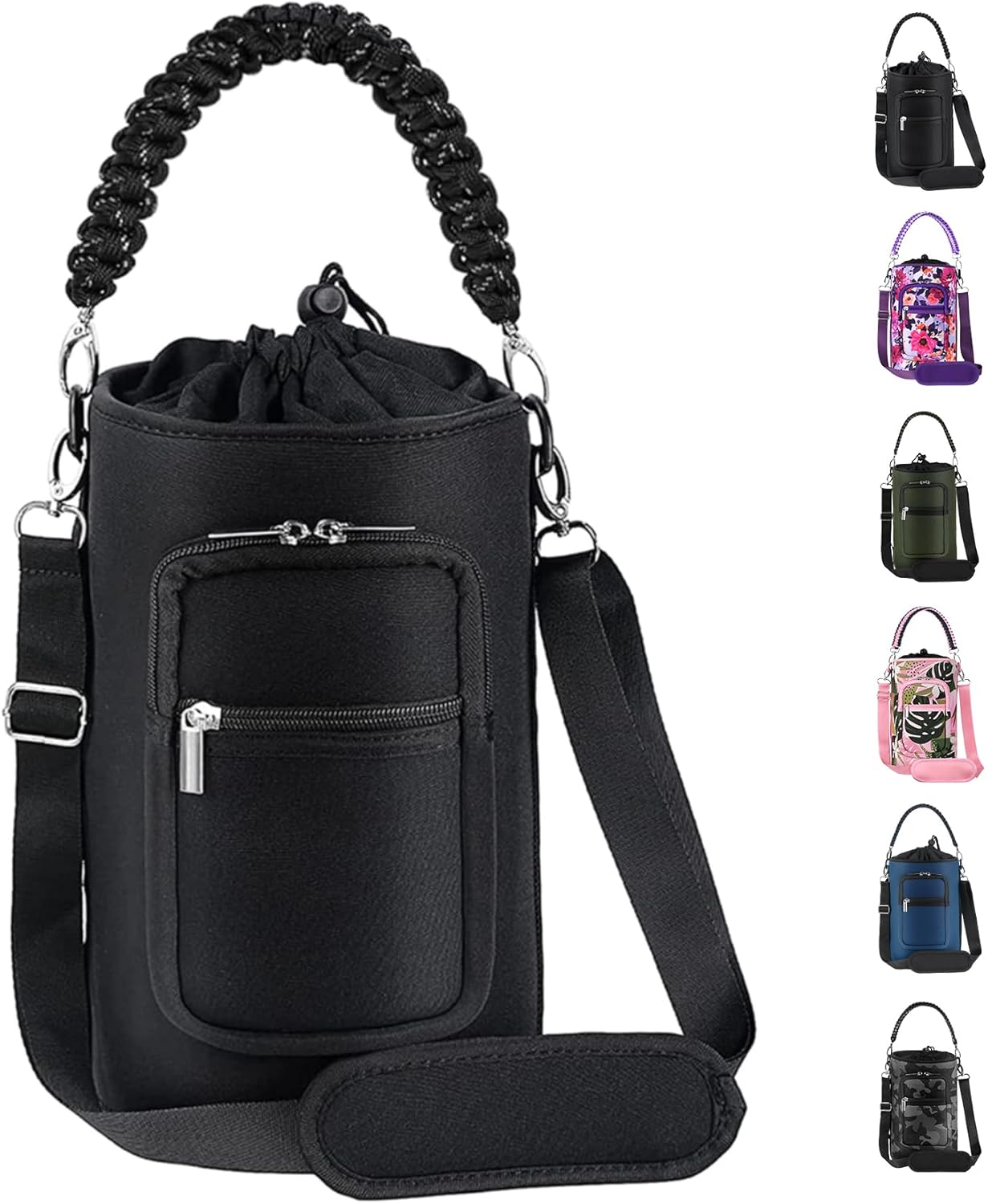 AceTreker 32/40/64/128 oz Neoprene Insulated Water Bottle Carrier Bag, Sling Bag Sleeve Pouch Holder with Strap & Paracord Handle and 2 Pocket for Travelling, Hiking, Camping