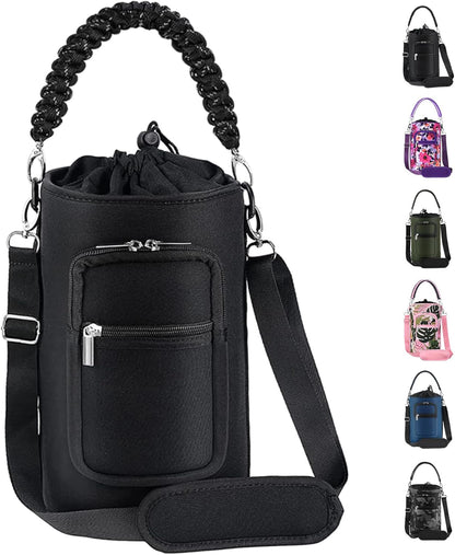 AceTreker 32/40/64/128 oz Neoprene Insulated Water Bottle Carrier Bag, Sling Bag Sleeve Pouch Holder with Strap & Paracord Handle and 2 Pocket for Travelling, Hiking, Camping