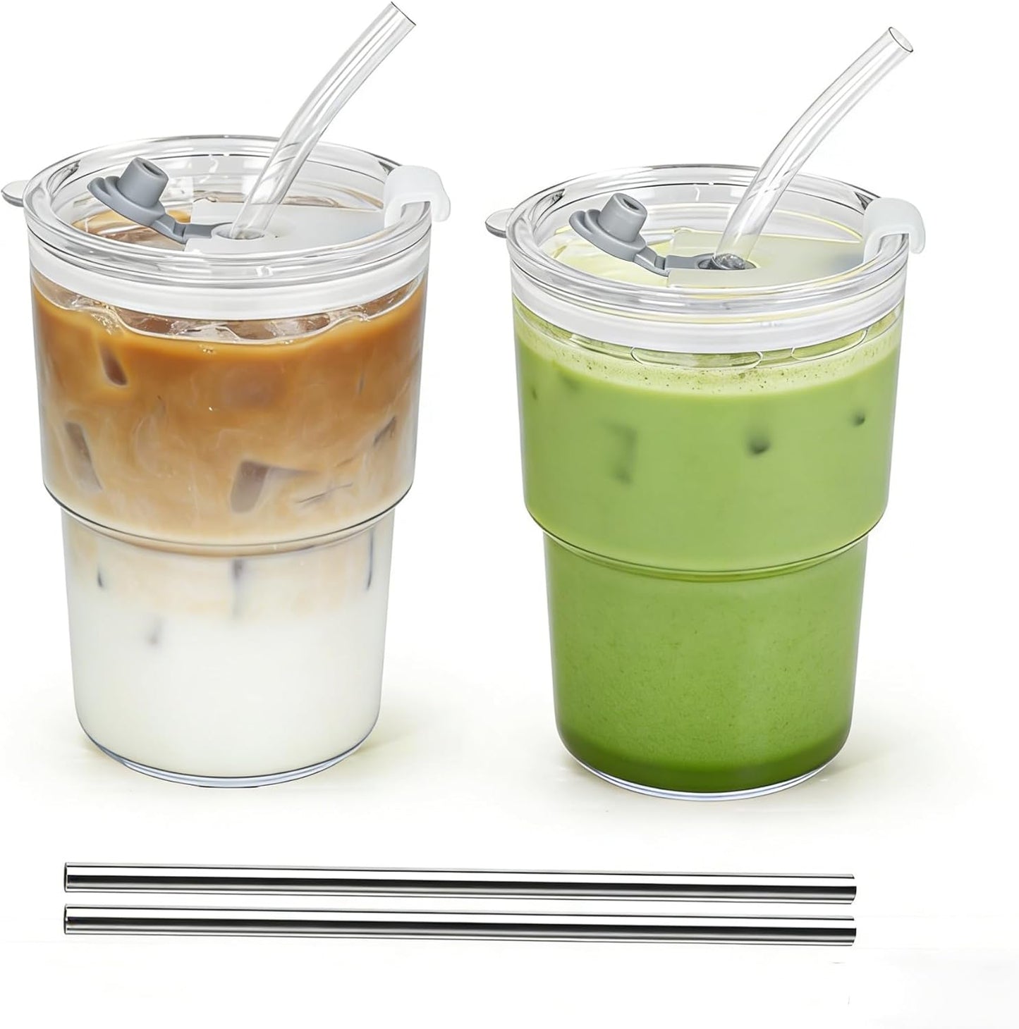 15 oz Plastic Matcha Iced Coffee Cups with Lids and Straws Set of 2, Unbreakable Drinking Glasses Reusable Iced Coffee Glass to Go Cup for Tea Smoothie Juice Cup Dishwasher Safe