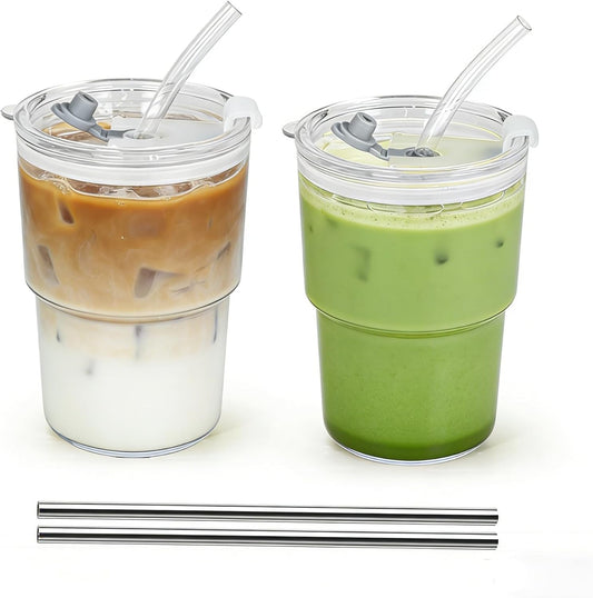 15 oz Plastic Matcha Iced Coffee Cups with Lids and Straws Set of 2, Unbreakable Drinking Glasses Reusable Iced Coffee Glass to Go Cup for Tea Smoothie Juice Cup Dishwasher Safe