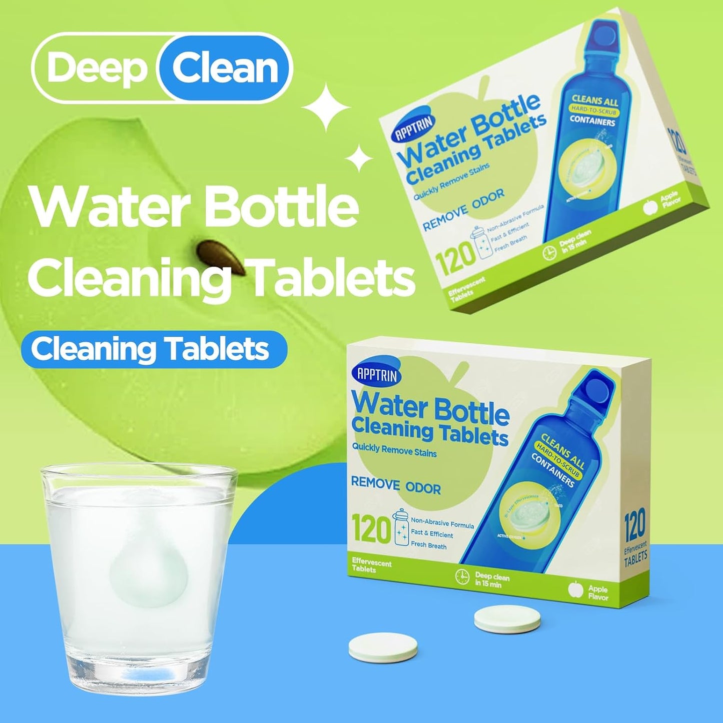 Water Bottle Cleaning Tablets, Bottle Clean Tablet for Hydration Bladders, Stainless Steel, Tumblers, and Glass Bottles, 120 count (Pack of 1), Apple