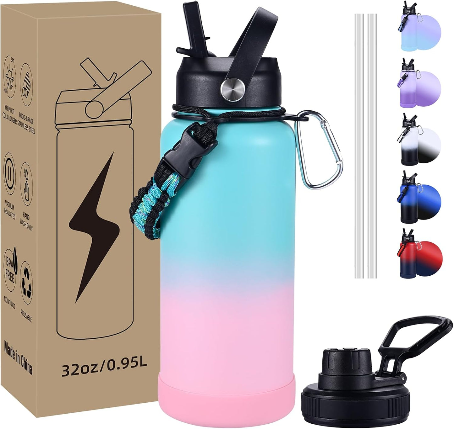 Insulated Water Bottle, 32 oz Stainless Steel Wide Mouth Water Bottles with 2 Leak Proof Lid and Paracord Handle, Double Wall Vacuum Insulated Sports Water Bottle, Purple Black