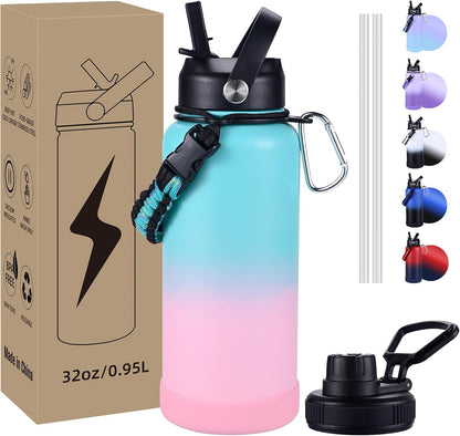 Insulated Water Bottle, 32 oz Stainless Steel Wide Mouth Water Bottles with 2 Leak Proof Lid and Paracord Handle, Double Wall Vacuum Insulated Sports Water Bottle, Purple Black