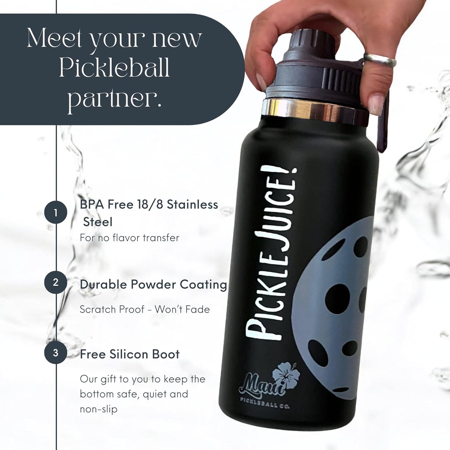 Maui Pickleball Co.™ Pickleball Water Bottle 32oz Insulated Stainless Steel Water Bottle PickleBall Accessories Pickleball Gifts Sip/Swig Lid with Carry Handle