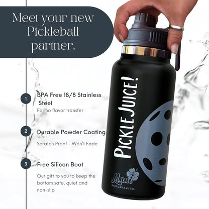 Maui Pickleball Co.™ Pickleball Water Bottle 32oz Insulated Stainless Steel Water Bottle PickleBall Accessories Pickleball Gifts Sip/Swig Lid with Carry Handle