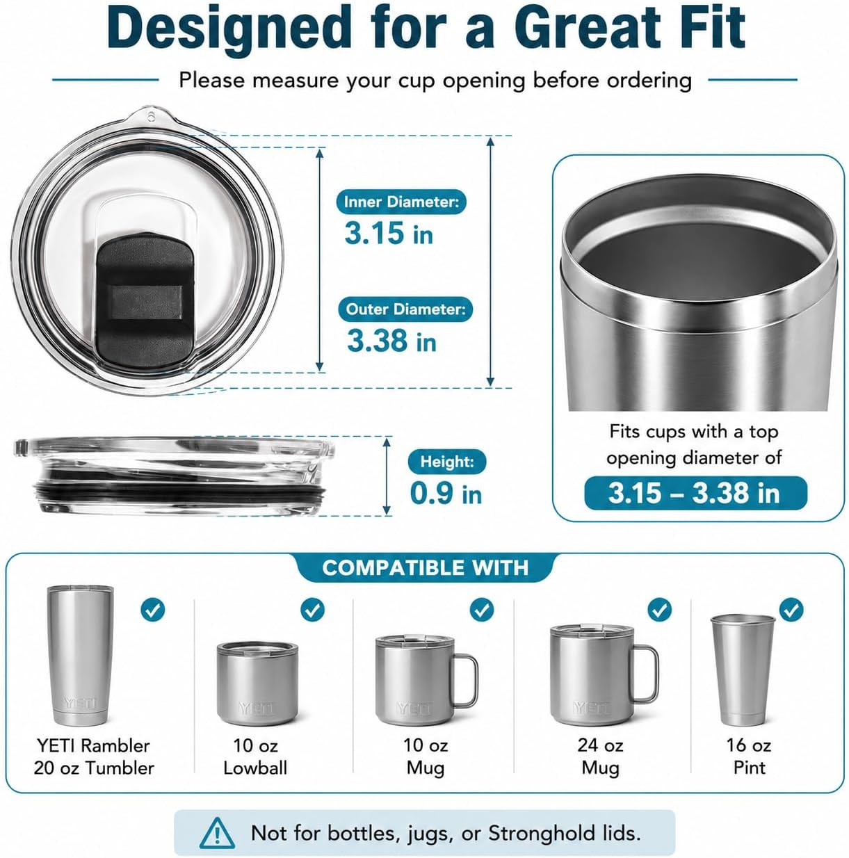 20 oz Tumbler Lids Compatible with YETI Rambler, 2 Pack Magnetic Slider Replacement Lids for 20 oz Tumbler, 10 oz Lowball, 10/24 oz Mug & 16 oz Pint, Spill-Resistant BPA-Free Cup Covers