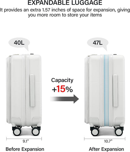 Hanke 20 Inch Expandable Carry On Luggage with Cup Holder 22x14x9 Airline Approved, Top Opening Hard Shell Suitcases with Wheels, Carry-On Travel Suitcase Trunk Luggage with Lock, Smoke White