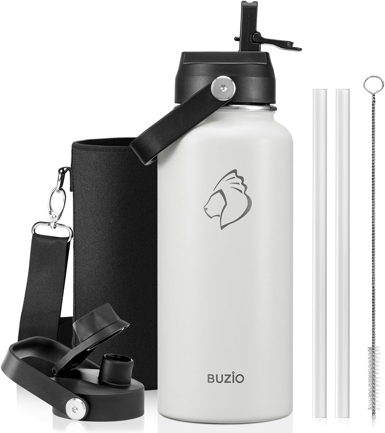 BUZIO 40oz Insulated Water Bottle, Triple Wall Vacuum Stainless Steel Water Flask with 2 lids, Lead-Free BPA-Free Straw Lid Sports Canteen Jug, Cold 48H & Hot 24H- Black - Colors A