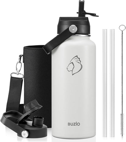 BUZIO 40oz Insulated Water Bottle, Triple Wall Vacuum Stainless Steel Water Flask with 2 lids, Lead-Free BPA-Free Straw Lid Sports Canteen Jug, Cold 48H & Hot 24H- Black - Colors A