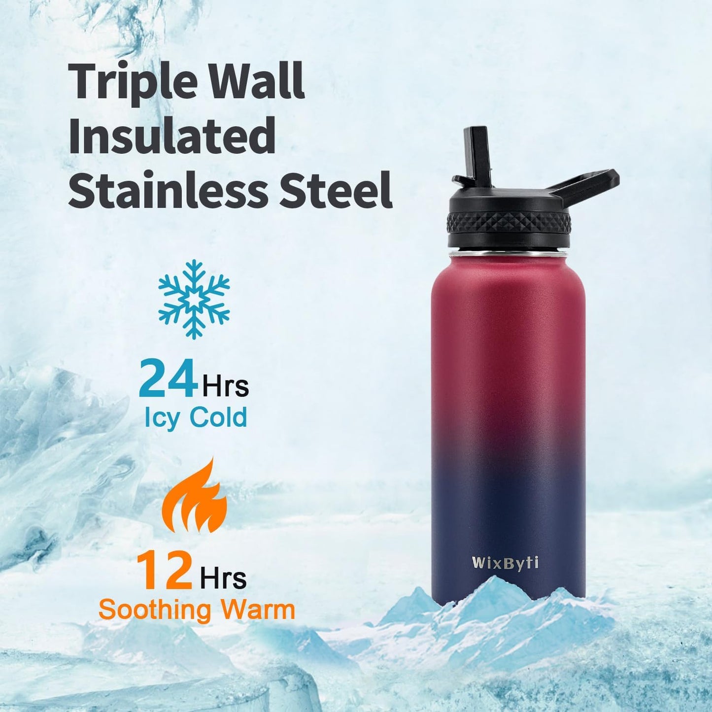 WixByti 40 oz Insulated Water Bottle with Straw (Cold for 36 Hrs), Stainless Steel Triple Wall Vacuum Sports Water Jug, Leakproof Hydro Cup Flask with Paracord Handle & Straw Spout Lids & DIY Stickers