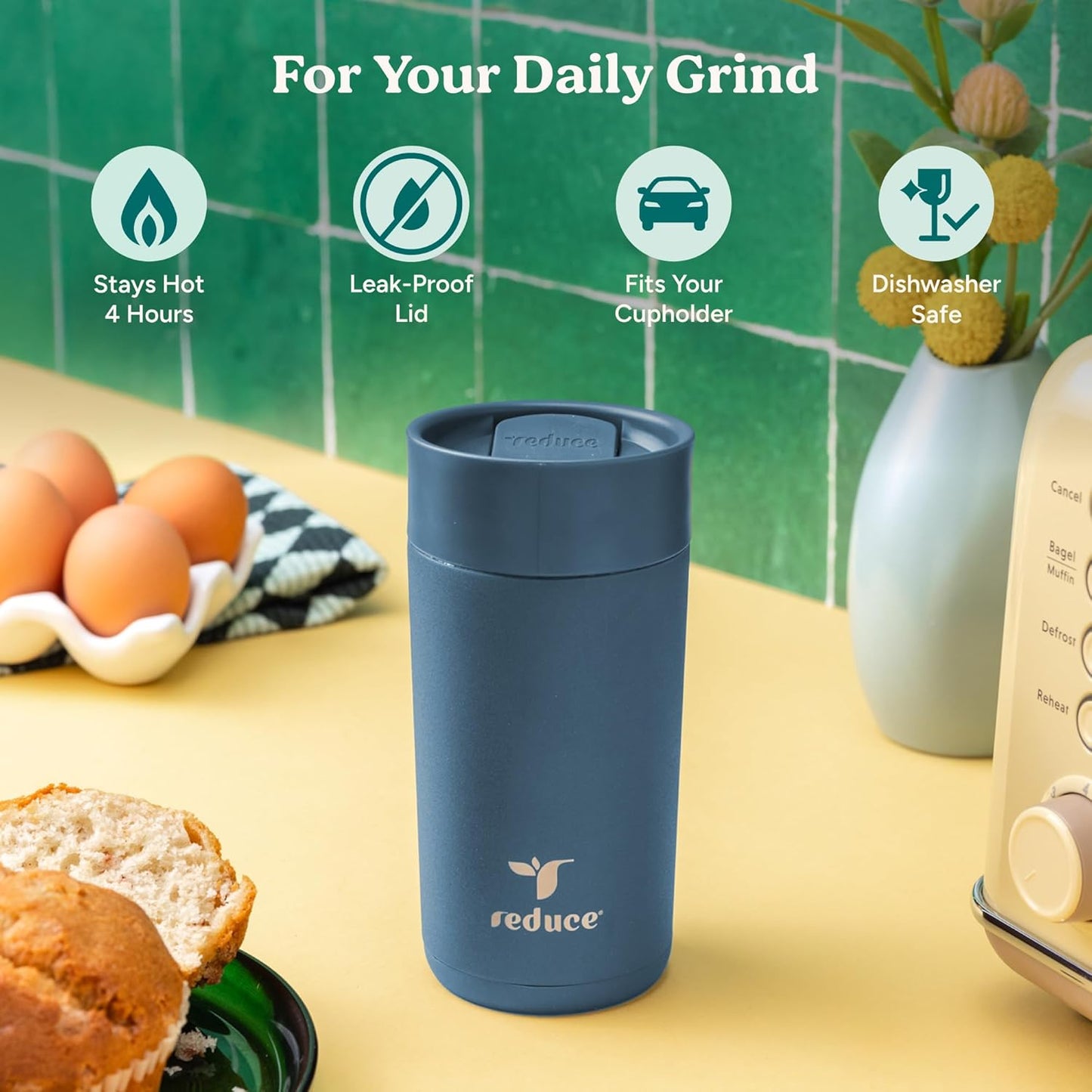 REDUCE Perk 10oz Insulated Coffee Tumbler – Leak-Proof with Lockable Lid and Vacuum Insulation–Durable Stainless Steel–Fits Car Cup Holders–One-Handed Travel Mug in Sand Leopard Print-Gentle Lavender