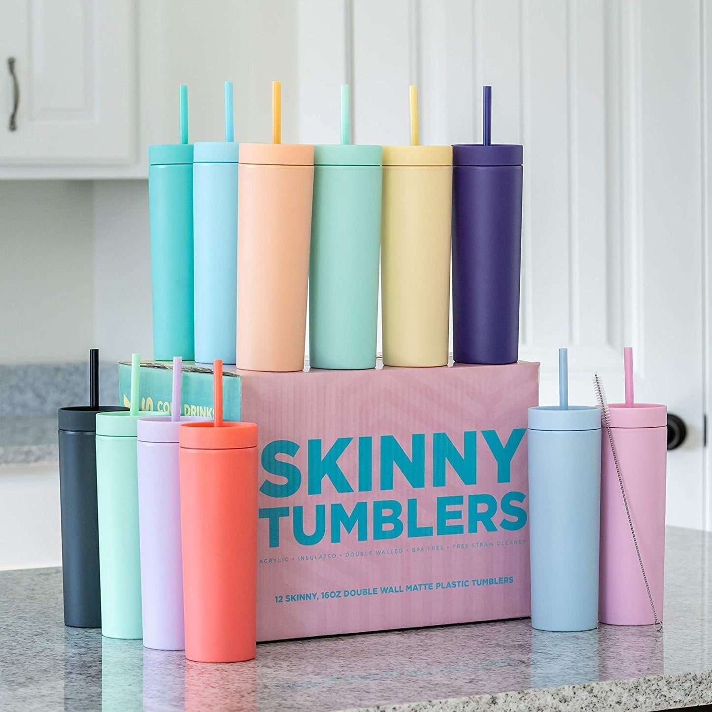 STRATA CUPS Perwinkle Skinny Tumblers with Lids and Straws (4 pack), 16oz Matte Pastel Colored Acrylic Tumblers with Lids and Straws, Double Wall Skinny Tumbler Bulk, Reusable Cup with Straw Cleaner