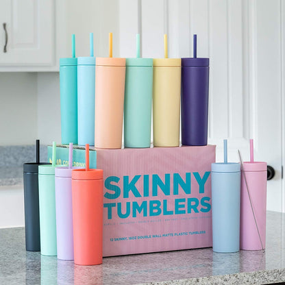 STRATA CUPS Perwinkle Skinny Tumblers with Lids and Straws (4 pack), 16oz Matte Pastel Colored Acrylic Tumblers with Lids and Straws, Double Wall Skinny Tumbler Bulk, Reusable Cup with Straw Cleaner