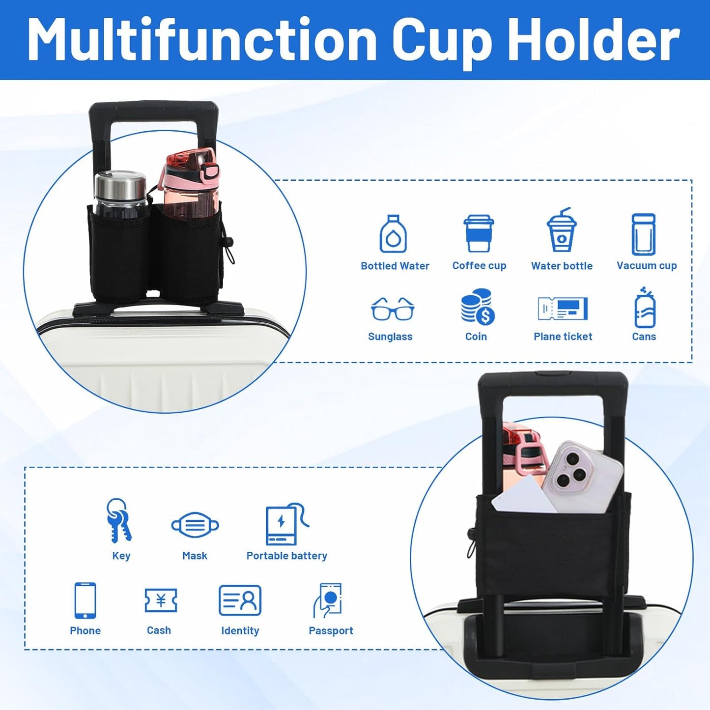 Luggage Travel Cup Holder, Free Hand Drink Caddy Hold Two Coffee Mugs, Fits Roll on Most Suitcase Handles, Gifts for Flight Attendants &Frequent Travelers Accessories