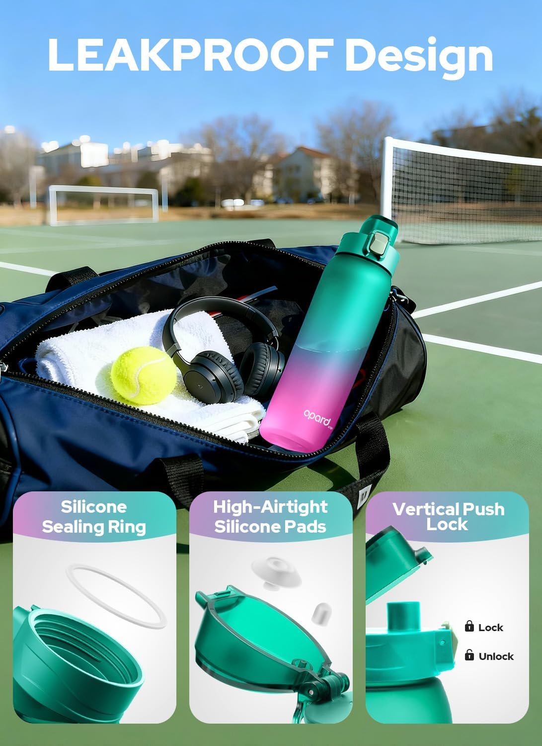 Opard Zip 32oz Plastic Water Bottle Dishwasher Safe, Leakproof Flip-Top Lid, BPA Free Tritan, Wide Mouth Reusable Sports Water Bottle for Gym Hiking Commuting Outdoor Travel and School
