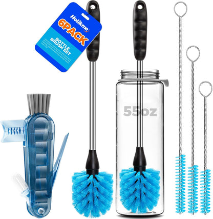 Holikme 6 Pack Bottle Brush Set, 14" Long Handle Stainless Steel Bottle Cleaner Brush, 3 Straw Brushes, 4-in-1 Bottle Cleaning Brush for Water Bottle, Antistatic Lab Brushes Straws, Black