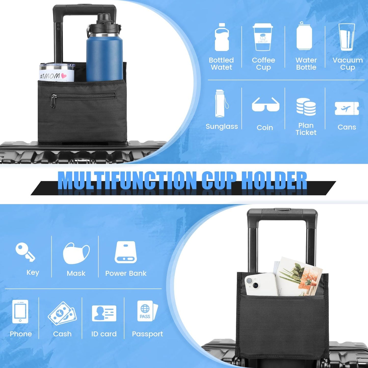 ZHCHG Luggage Travel Cup Holder Attachment for Suitcase Drink Carrier Caddy, Coffee Mug and Tumblers, Traveler Carry on Hands Free Accessory- Gifts for Flight Attendants Travelers Accessories- Black