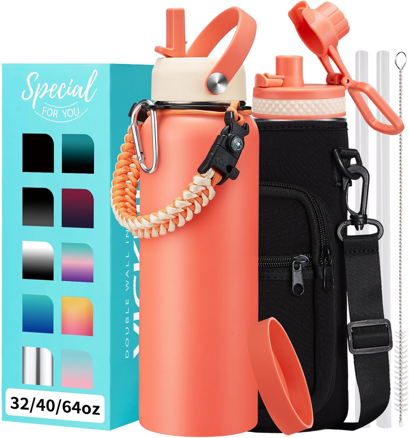 32/40/64OZ Insulated Water Bottle - Keep Cold 48H Hot 24H, Combo Straw/Spout Lids, Paracord Handle for Gym/Hiking, Carrier Bag +Strap, Cup Mat, BPA-Free Stainless Steel Flask Jug