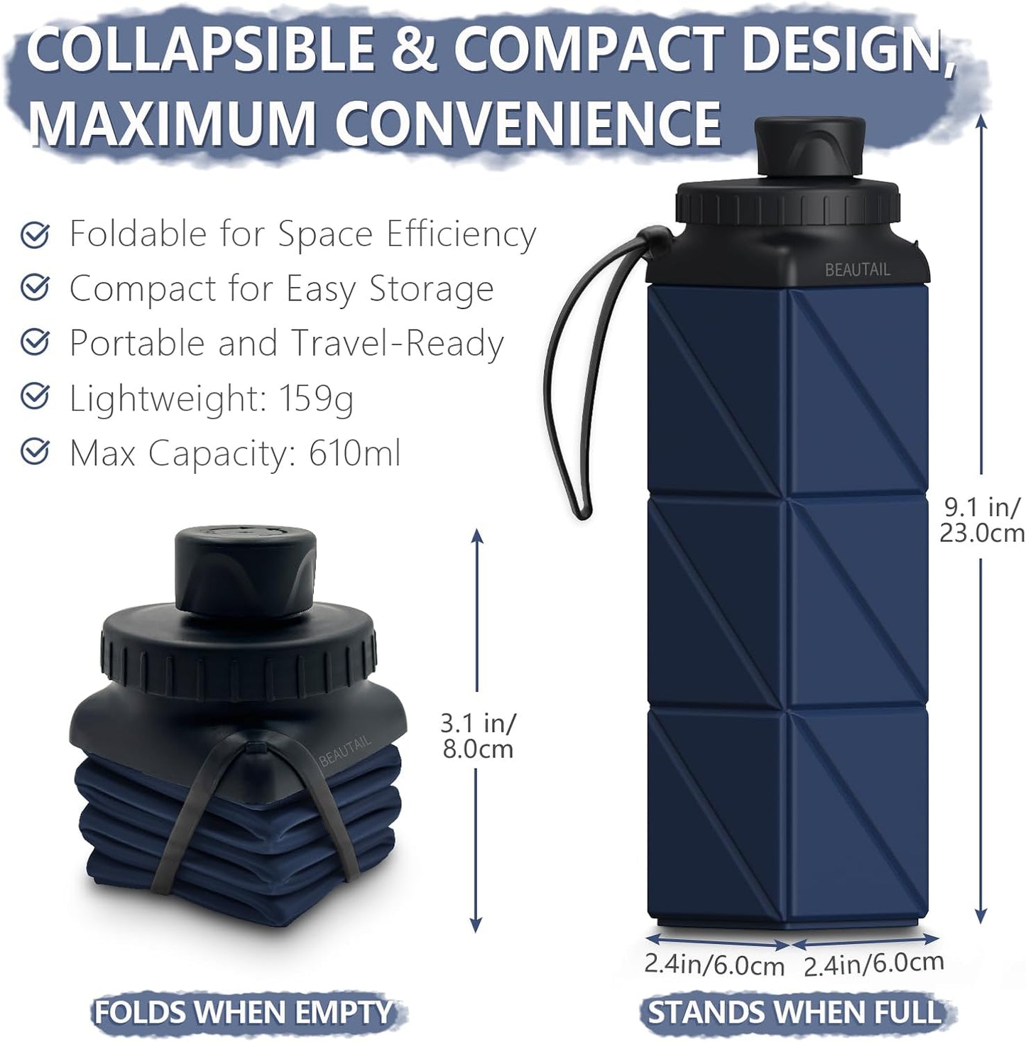 BEAUTAIL Collapsible Water Bottles 20.6oz, Silicone Foldable Portable Travel Water Bottle, Lightweight Reusable Leakproof for Traveling Camping Hiking Cycling Yoga Sports Outdoor