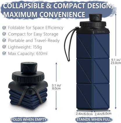 BEAUTAIL Collapsible Water Bottles 20.6oz, Silicone Foldable Portable Travel Water Bottle, Lightweight Reusable Leakproof for Traveling Camping Hiking Cycling Yoga Sports Outdoor