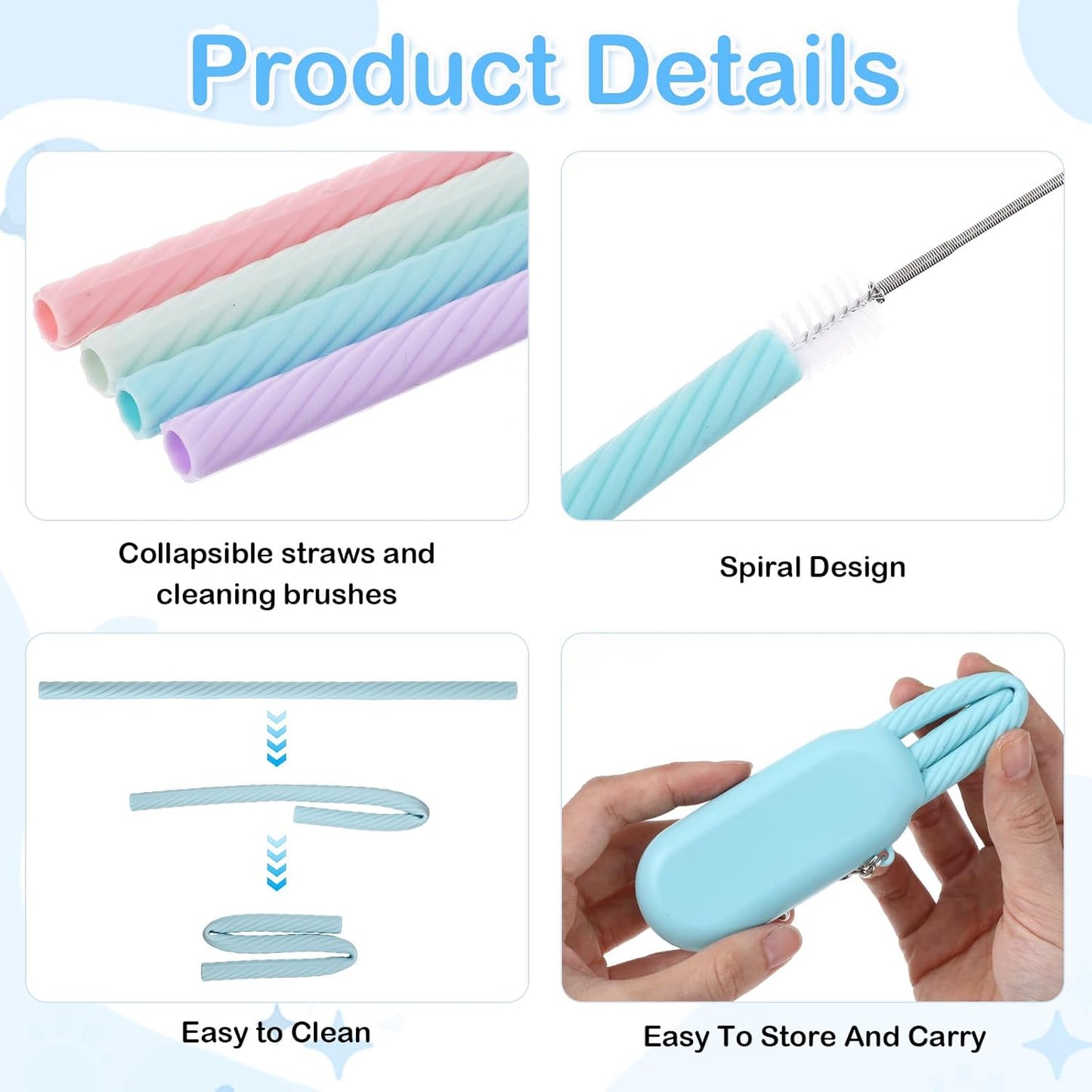 4 Set Portable Straw,Reusable Straws Silicone with Case Silicone Portable Drinking travel Straw Set for Party Travel Cold or Hot with 4 Cleaning Brushes (Purple,Pink,Green, Blue）