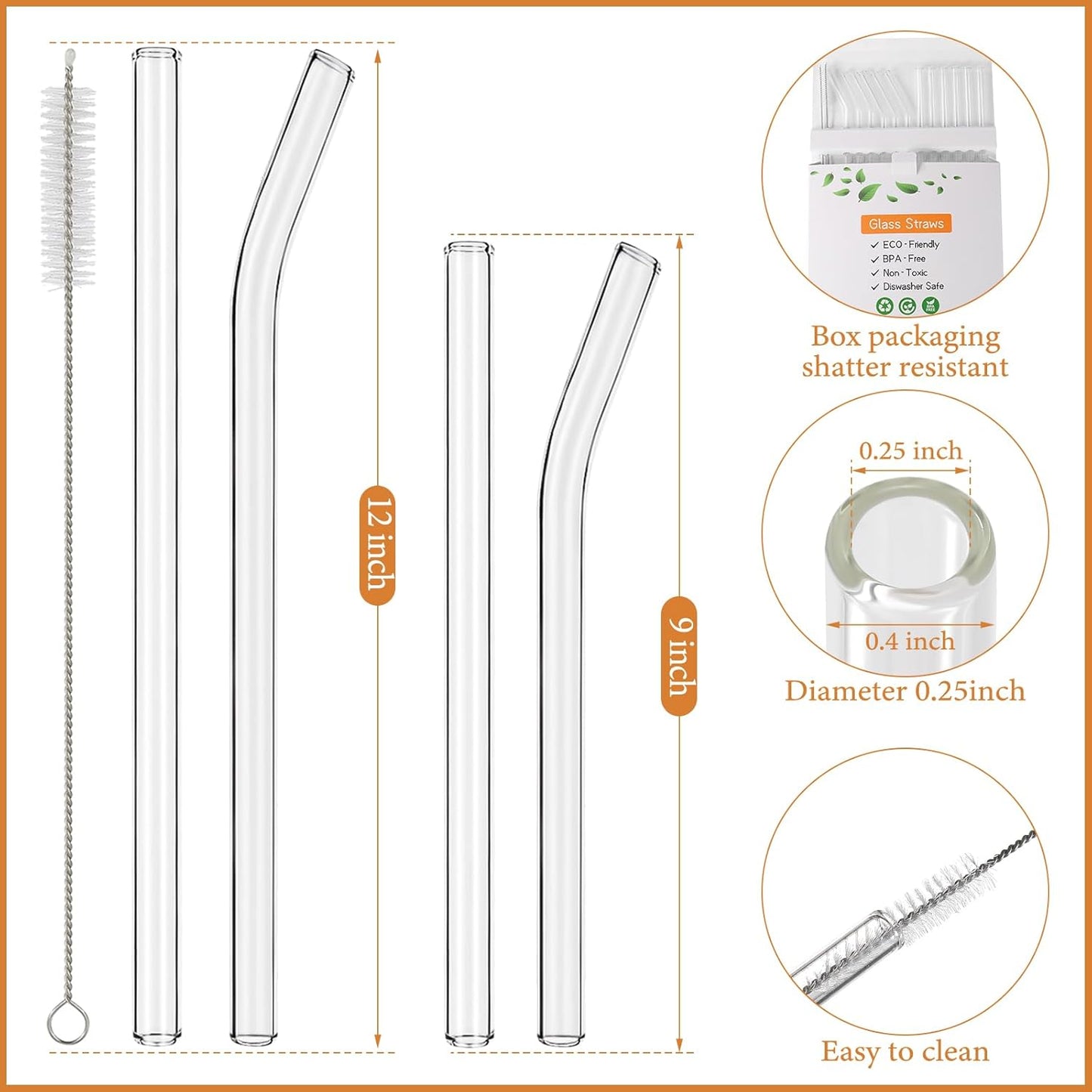 [12 Pcs] Reusable Glass Straws Shatter Resistant - Replacement Glass Straws for Stanley 40 oz 30 oz 20 oz Tumbler 12" x 10mm and 9" x 10mm Each Including 3 Straight and 3 Bent with 2 Cleaning Brush