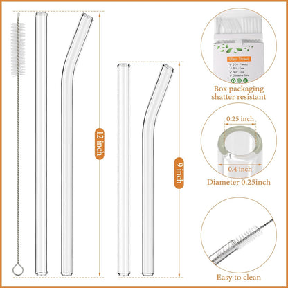 [12 Pcs] Reusable Glass Straws Shatter Resistant - Replacement Glass Straws for Stanley 40 oz 30 oz 20 oz Tumbler 12" x 10mm and 9" x 10mm Each Including 3 Straight and 3 Bent with 2 Cleaning Brush