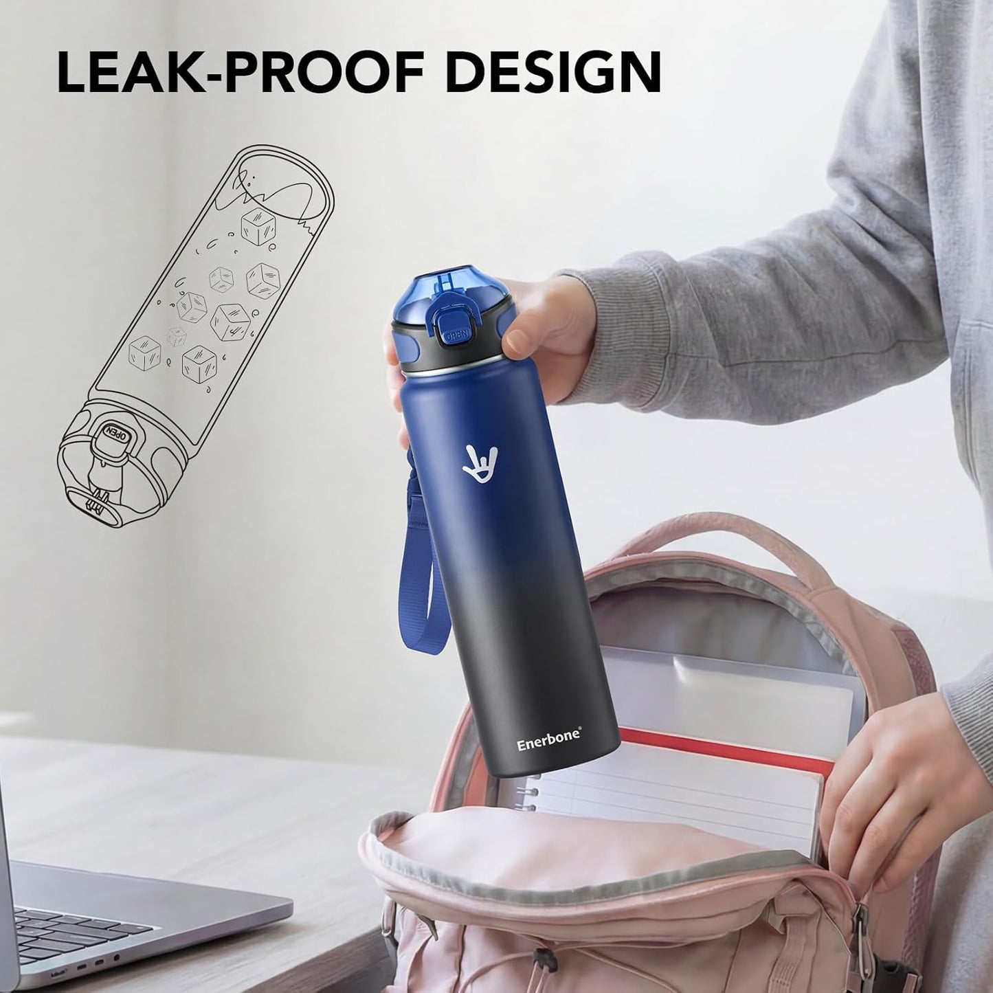 Enerbone 24 oz Insulated Water Bottle, Stainless Steel Bottle with Carrying Strap, Double-Wall Vacuum Insulation Design, Leakproof Sports Bottle with Straw, Keep Drinks Cold or Hot for Hours