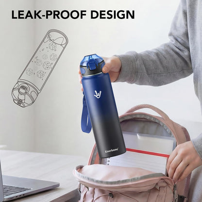 Enerbone 24 oz Insulated Water Bottle, Stainless Steel Bottle with Carrying Strap, Double-Wall Vacuum Insulation Design, Leakproof Sports Bottle with Straw, Keep Drinks Cold or Hot for Hours