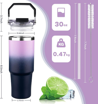 30oz Tumbler with Handle and Flip Straw Lid Double Wall Insulated Travel Coffee Mug Stainless Steel Vacuum Insulated Coffee Tumbler Cup for Hot and Cold Beverages,Leak-proof&BPA-free (30oz,Black)