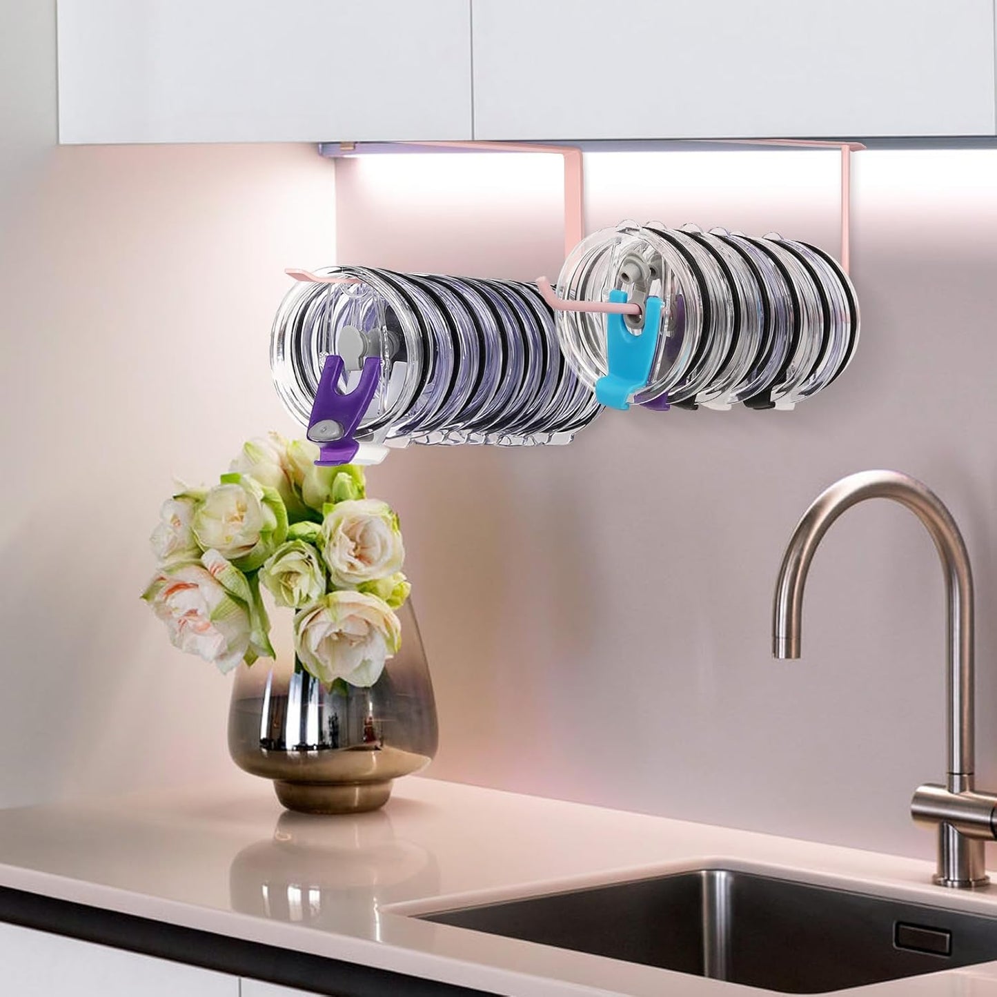 Tumbler Lid Organizer, Horizontal Tumbler Lid Storage Hook Up to 10 Lids, Space Saving Cup Lid Holders Under Cabinet Tumbler Lid Hook for Kitchen Organizer and Storage,Hanging Paper Towel Rack Hanger