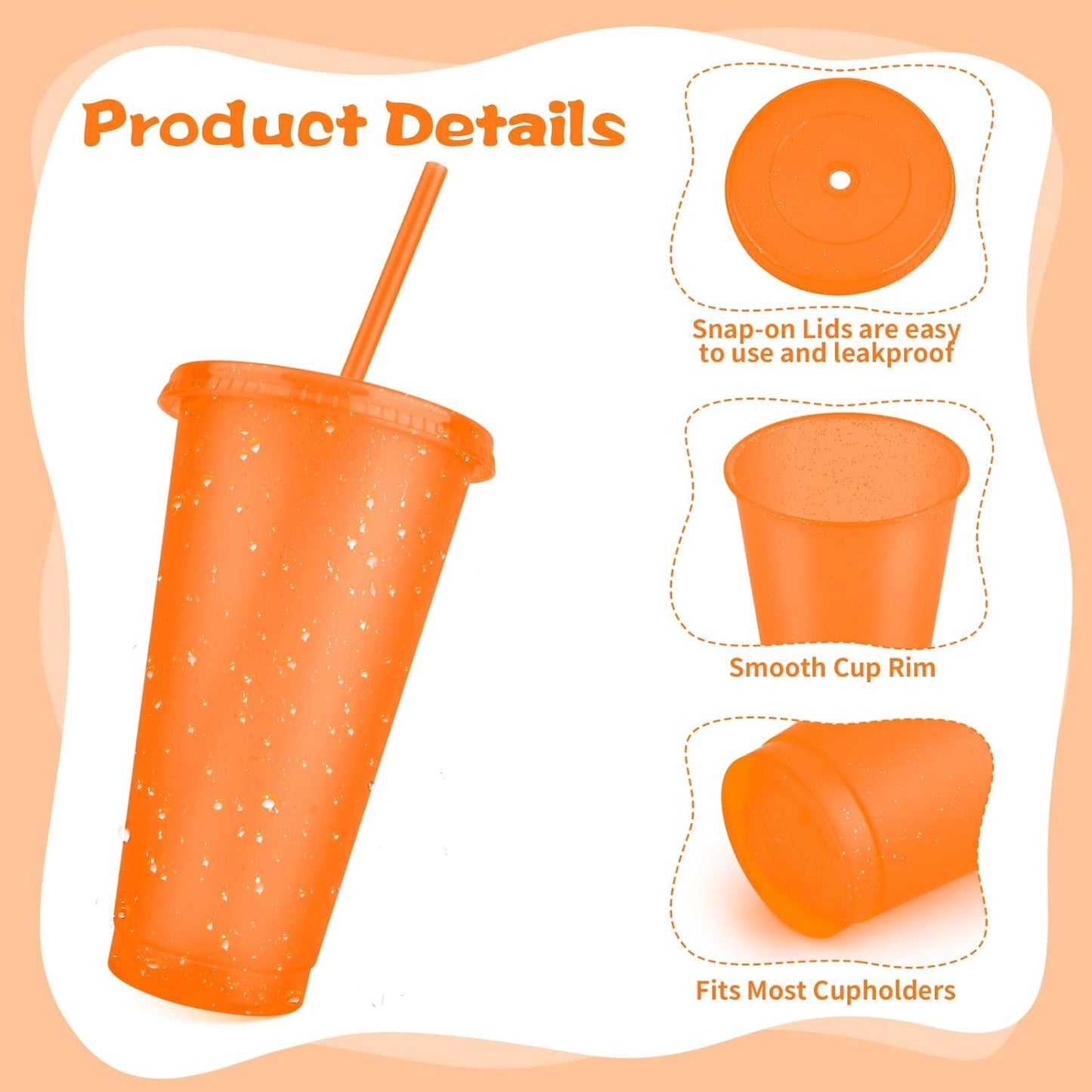 Hxezoc 16-Piece Reusable Cups with Lids and Straws, 24 oz Glitter Plastic Tumbler Iced Coffee Cups Travel Mug Cup for Smoothie Juices Beach or Bachelor Party (Black)