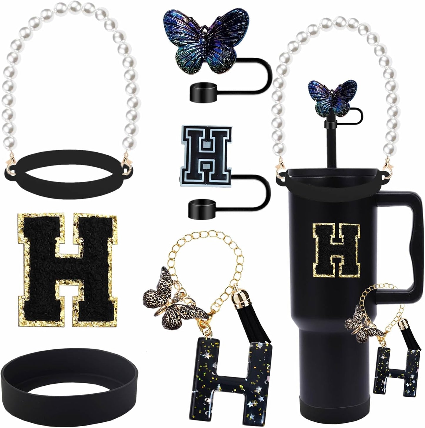 7pcs Cup Accessories for Stanley 30/40oz Tumbler, Handle Strap, Straw Cover, Silicone Boot, Letter Charm Stickers