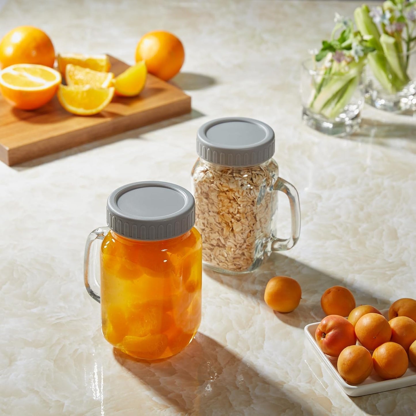DRASTAR Iced Coffee Cup, 16 oz Mason Jar Cups with Handle, Small Glass Coffee Mugs with Straws and Acacia Lids, Drinking Glass Cups Set of 2, Smoothie, Overnight Oats Containers